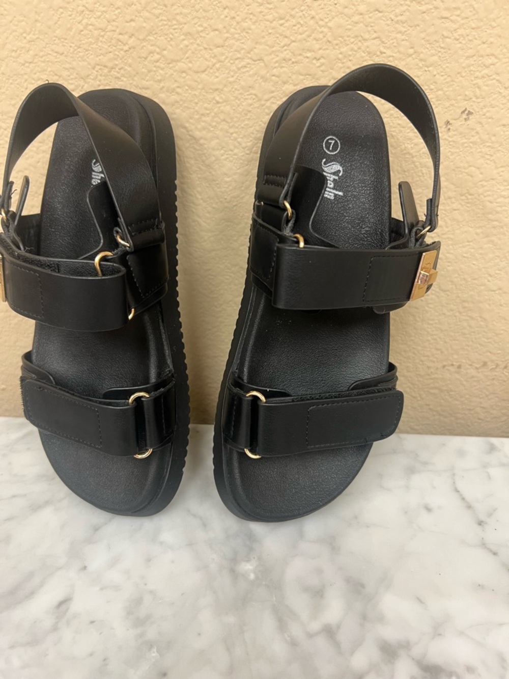 Black Platform Slide Sandals with Gold Logo Accent